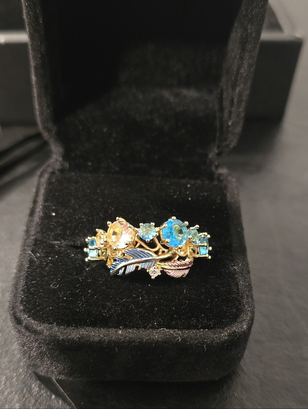Boho Gold Tone Aquamarine Topaz Crystal Feather Statement Cluster Ring Size 7